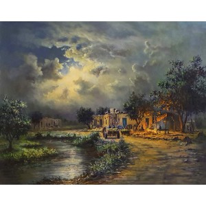 Hanif Shahzad, Moon Light Village, 35 x 46 Inch, Oil on Canvas, Cityscape Painting, AC-HNS-085
